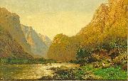Carl jun. Oesterley Romantische Flusslandschaft mit Personenstaffage an einem prachtvollen Sommertag Germany oil painting artist